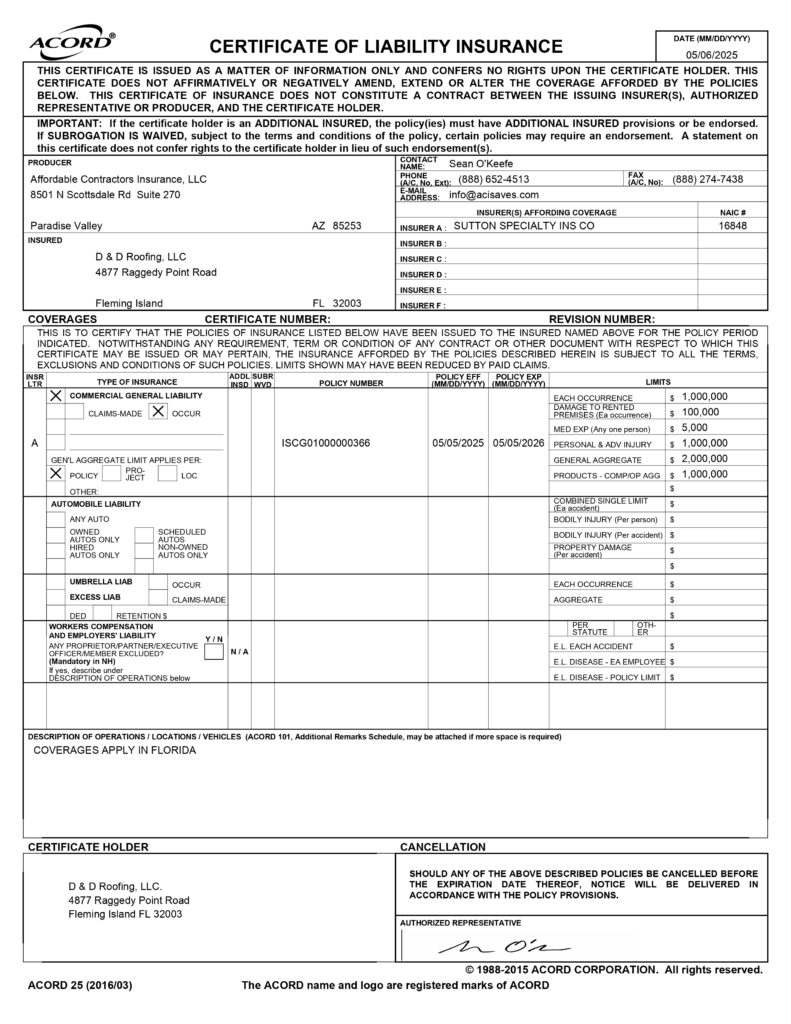 Certificate of Liablity Insurance